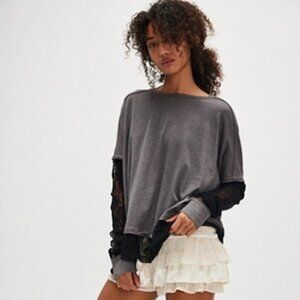 We the Free Black and Gray Top Effie Twofer Lace Sleeve Tee Shirt - FREE PEOPLE